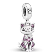 Cat Bead Fits Pandora Charm Bracelet, Silver Pink Crystal Animal Kitten Dangle Jewelry Gift