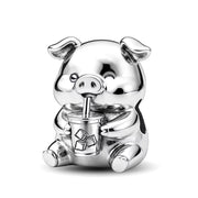 Pig Bead Fits Pandora Charm Bracelet, Silver Animal Drinking Juice Soda Coffee Refreshment Gift