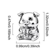 Pig Bead Fits Pandora Charm Bracelet, Silver Animal Drinking Juice Soda Coffee Refreshment Gift