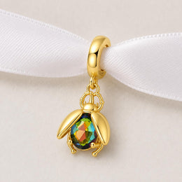 Beetle Bead Fits Pandora Charm Bracelet, Gold Gilded Rainbow Crystal Bug Dangle Nature Jewelry