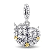 Highland Cow Mother Calf Bead Fits Pandora Charm Bracelet, Silver Scottish Clover Flower Gift