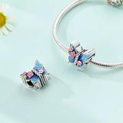 Blue Butterfly Bead Fits Pandora Charm Bracelet, Silver Floral Enamel Nature Transformation Gift