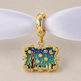 Starry Night Bead Fits Pandora Charm Bracelet, Gold Van Gogh Painting Art Jewelry Gift