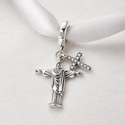 Brazil Christ Bead Fits Pandora Charm Bracelet, Silver Jesus Cross Rio Travel Jewelry Gift