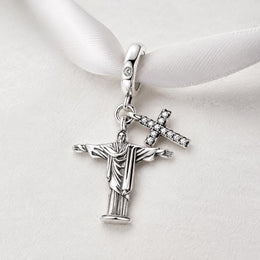 Brazil Christ Bead Fits Pandora Charm Bracelet, Silver Jesus Cross Rio Travel Jewelry Gift