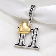 Number 11 Bead Fits Pandora Charm Bracelet, Silver Eleventh Anniversary Gold Heart Gift