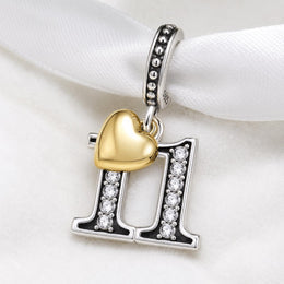 Number 11 Bead Fits Pandora Charm Bracelet, Silver Eleventh Anniversary Gold Heart Gift