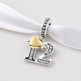 Number 12 Bead Fits Pandora Charm Bracelet, Silver Twelfth Anniversary Gold Heart Gift