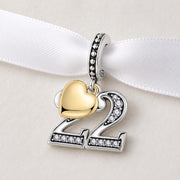 Number 22 Bead Fits Pandora Charm Bracelet, Silver Twenty Second Anniversary Gold Heart Gift
