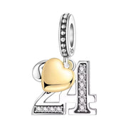 Number 24 Bead Fits Pandora Charm Bracelet, Silver Twenty Fourth Anniversary Gold Heart Gift