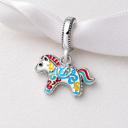Swedish Dala Horse Bead Fits Pandora Charm Bracelet, Silver Traditional Folk Art Jewelry Gift