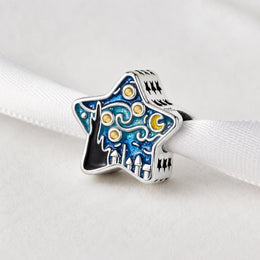 Starry Night Bead Fits Pandora Charm Bracelet, Silver Van Gogh Star Spacer Art Gift