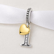 Number 1 Anniversary Bead Fits Pandora Charm Bracelet, Silver First Year Gold Heart Gift