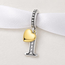 Number 1 Anniversary Bead Fits Pandora Charm Bracelet, Silver First Year Gold Heart Gift