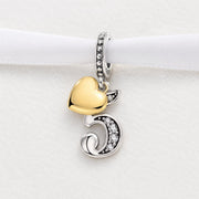 Number 5 Bead Fits Pandora Charm Bracelet, Silver Fifth Anniversary Gold Heart Gift