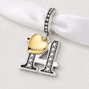 Number 14 Bead Fits Pandora Charm Bracelet, Silver Fourteenth Anniversary Gold Heart Gift