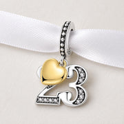 Number 23 Bead Fits Pandora Charm Bracelet, Silver Twenty Third Anniversary Gold Heart Gift