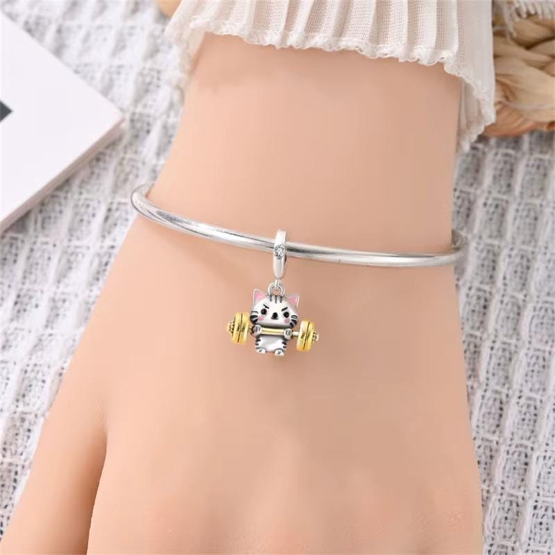Weightlifting Cat sterling silver charm view 5