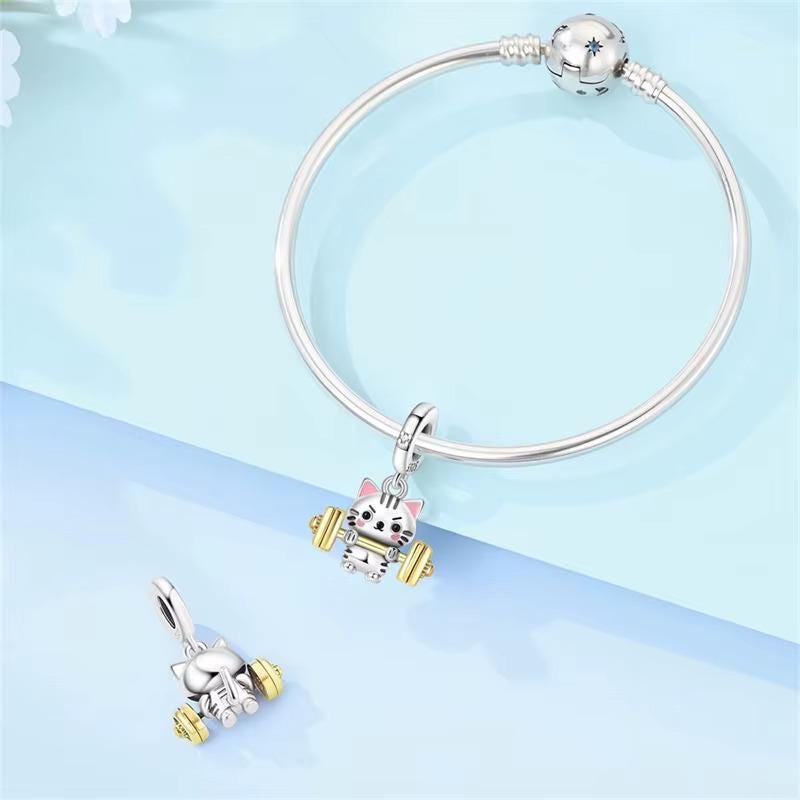 Weightlifting Cat sterling silver charm view 7