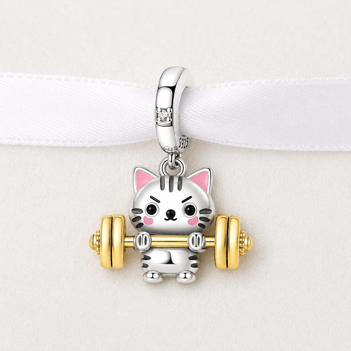 Weightlifting Cat sterling silver charm alternate view