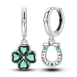 Lucky Clover & Horseshoe Hoop Earrings with Green Crystals