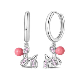 Pink Balloon Dog with Crystal Accents Hoop Earrings