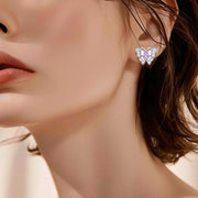 Pink Enamel Butterfly Stud Earrings with Crystal Accents