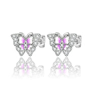 Pink Enamel Butterfly Stud Earrings with Crystal Accents