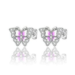 Pink Enamel Butterfly Stud Earrings with Crystal Accents