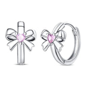 Pink Heart Gemstone Bow Hoop Earrings