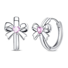 Pink Heart Gemstone Bow Hoop Earrings