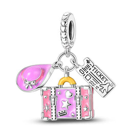 Pink Luggage, Hat & Ticket Triple Dangle Charm