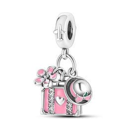 Pink Travel Suitcase with Flower & Sun Hat Dangle Charm
