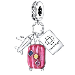 Plane, Passport and Pink Suitcase Triple Dangle Charm