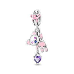 Playful Hanging Teddy Bear & Amethyst Heart Charm