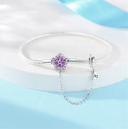 Purple Flower Charm Bracelet with Butterfly Dangle and Safety Chain
