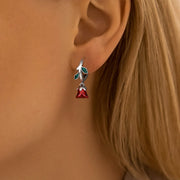 Romantic Red Rose Drop Earrings with Enamel Leaves