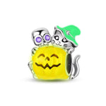 Skeleton & Witch Cat on Pumpkin Charm
