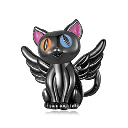 Winged Black Cat with Colorful Eyes Charm